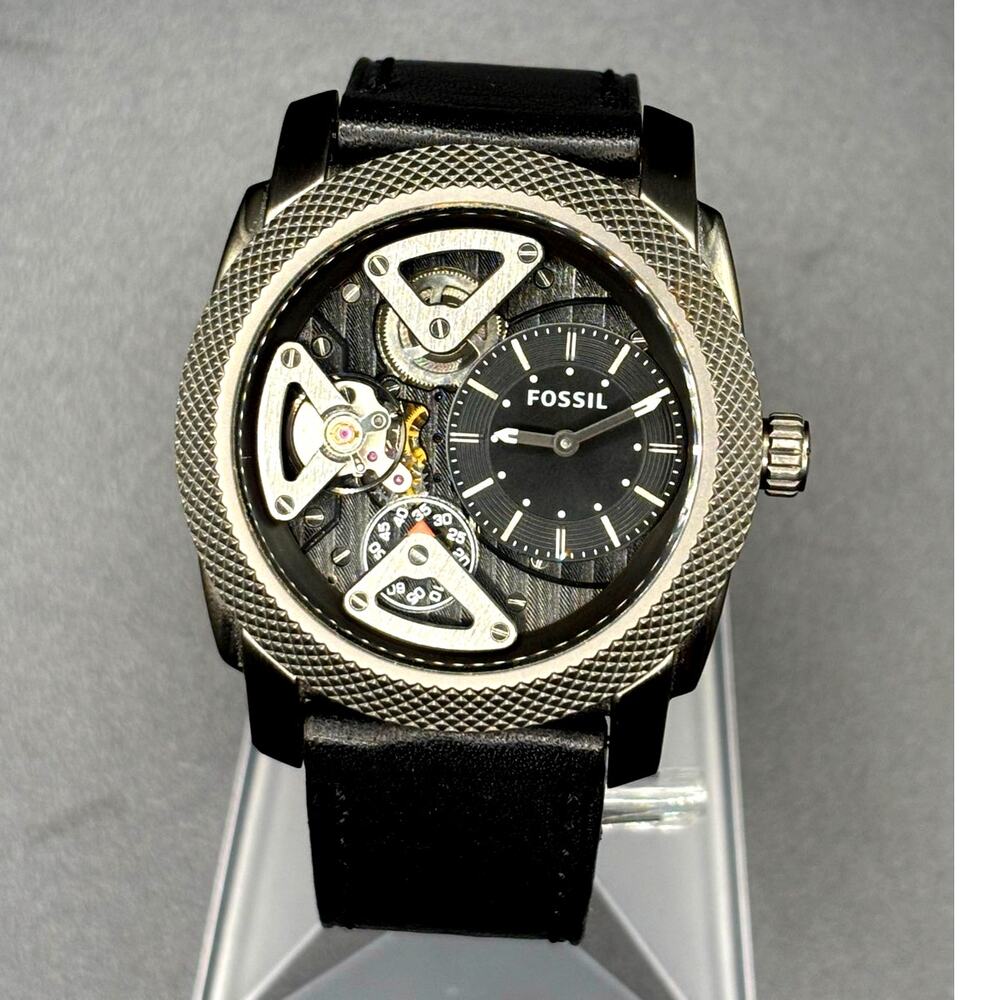 Fossil ME1129 Machine Twist Hybrid Smoke Gray Black Leather Men's Watch 45mm